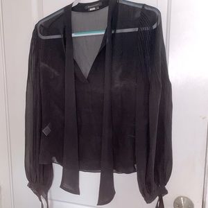 BCBG MazAzria Black Sheer Front Tie Blouse
